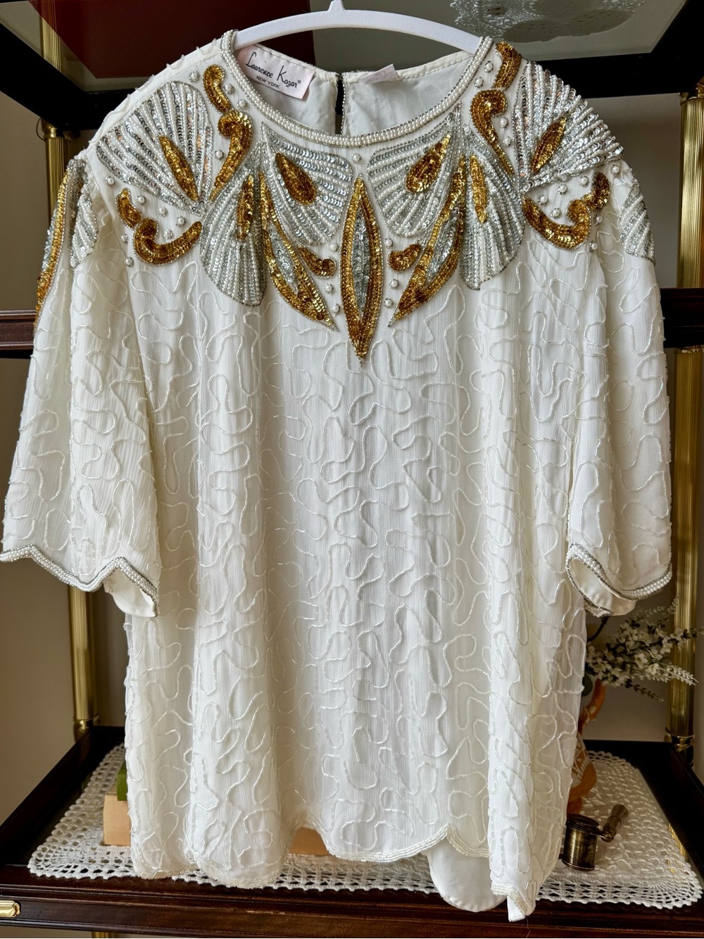 Vintage Laurence Kazar Ivory Gold Silver Beaded Sequin Top 2X